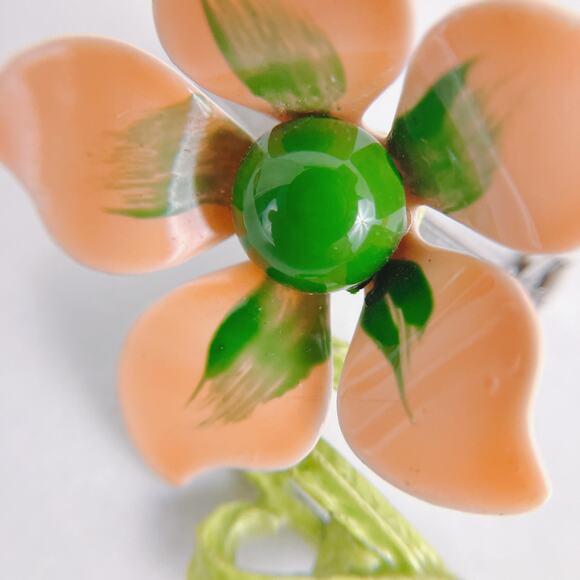 Vintage Enamel Flower Brooch, Orange Green, Mid Century 40s 50s 60s - Picture 5 of 7